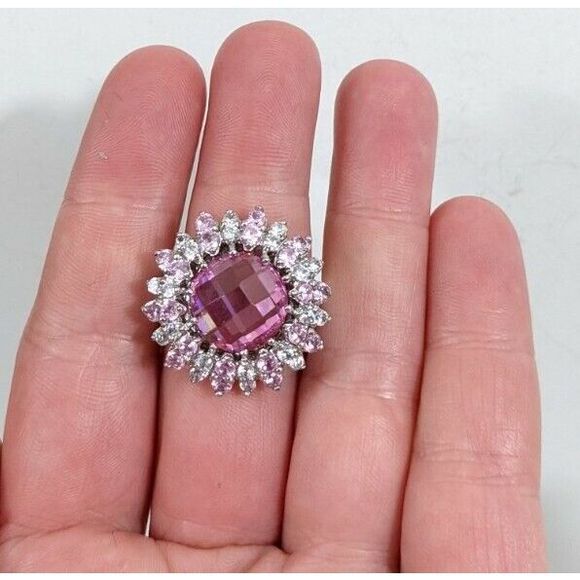 Size 8 huge Pink Cluster Sunflower Sterling Silver Cocktail Ring - Picture 9 of 9